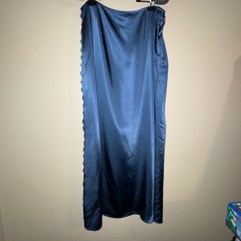 Zoey + Oliver Blue Satin Lace Trim Midi Slip Skirt L 90s Y2K Lingerie Style